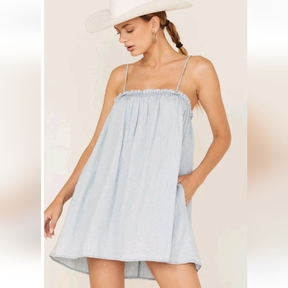 Show Me Your MuMu Dresses & Skirts - Show Me Your MuMu Angel Mini Tunic Dress Sz Med Blue Linen Chambray Coastal Nwt